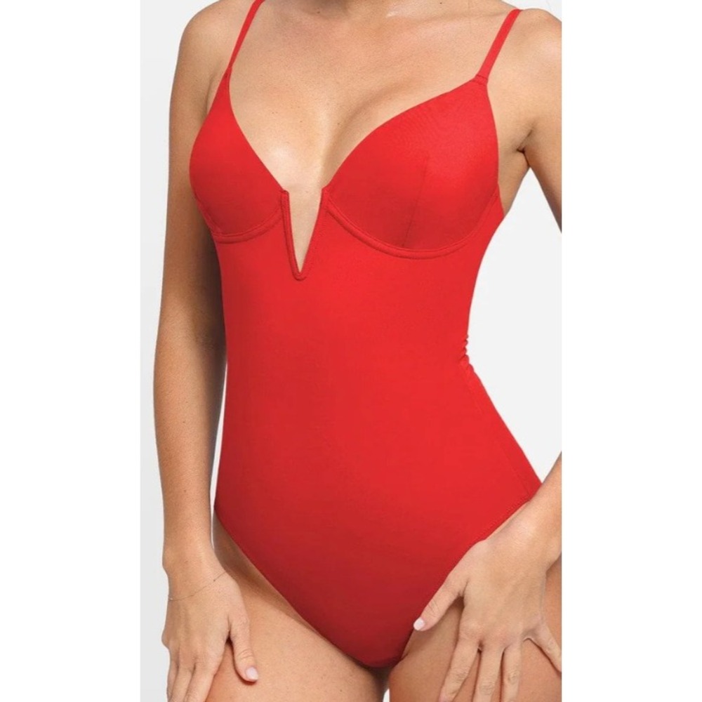 Popilush Red Built-In Shapewear One Piece Swimsuit Wired V-Neck 3XL